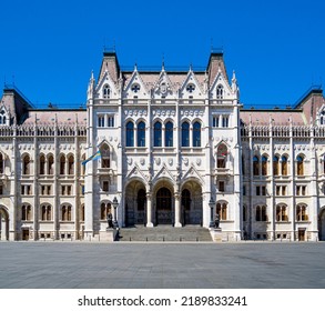 Budapest, Hungary - July 17th 2022: The Entrance Of The Hungarian Parliament Building In Budapest, Hungary.  East Façade Of The Building. 