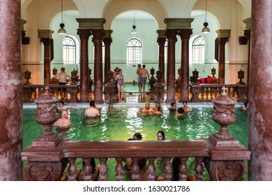 Budapest / Hungary - July 23th, 2018: People Are Bathing, Relaxing In One Of The 18 Pools At Széchenyi Thermal Bath.