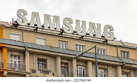 Budapest, Hungary - July 31, 2022: Big White Sign Samsung South Korea Tech Company At Top Of Building In City Centre.