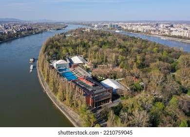 BUDAPEST, HUNGARY - JUNE 14, 2022 Aerial Photo Of The Green Outdoor Area Of The Margitsziget Athletic Center.The Hajós Alfréd National Sports Pool (Budapest, Margit Island) Is A Sports Facility Consis