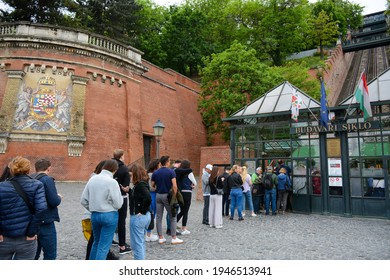 Budapest, Hungary - June 20, 2019: Buda Castle Funicular Near Zero Kilometre Stone