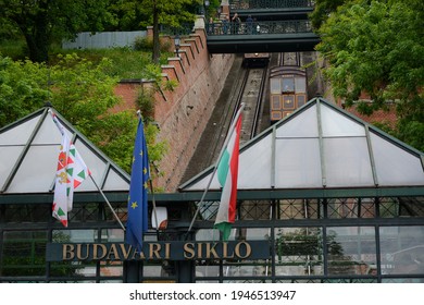 Budapest, Hungary - June 20, 2019: Buda Castle Funicular Near Zero Kilometre Stone