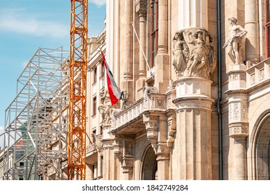 Budapest / Hungary - June 24th, 2020: Sculptures Above The Entrance Of The Vigadó Concert Hall.