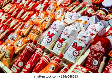 Budapest, Hungary - March 01, 2019. Old Market In Budapest, Counter With National Spices. Paprika In Different Packaging