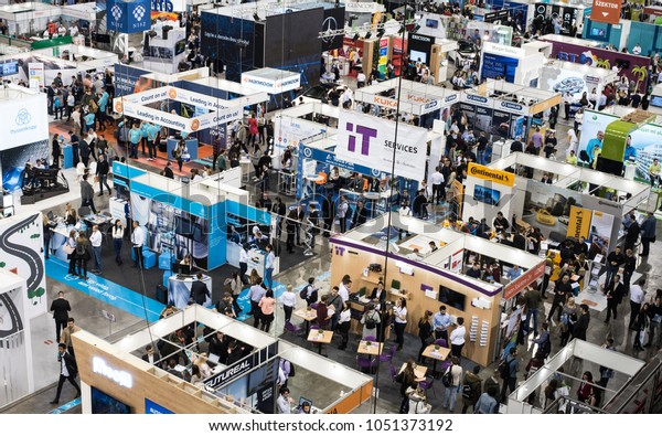 BUDAPEST,\
HUNGARY, MARCH 07, 2018 - People walk around the boothes at HVG Job\
Fair, the biggest job fair event in\
Hungary