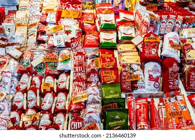 Budapest, Hungary - March 12 2022: Old Market In Budapest, Counter With National Spices. Paprika In Different Packaging