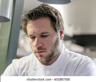 Budapest, Hungary - March 16, 2017: Tamas Szell Chef, 2016 Winner Of Bocuse Dor Cahampionship Euroep Cooking In Newly Opened Restaurant On Hold Street Market.