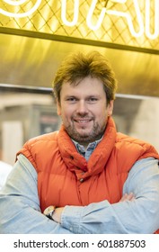 Budapest, Hungary - March 16, 2017: Zoltan Hamvas, President Of Hungarian Bocuse Dor Academy In Front Of His Newly Opened Restaurant On Hold Street Market.