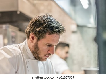 Budapest, Hungary - March 16, 2017: Tamas Szell Chef, 2016 Winner Of Bocuse Dor Cahampionship Euroep Cooking In Newly Opened Restaurant On Hold Street Market.