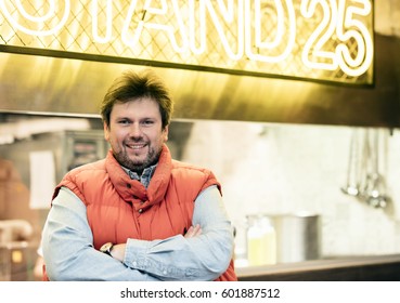 Budapest, Hungary - March 16, 2017: Zoltan Hamvas, President Of Hungarian Bocuse Dor Academy In Front Of His Newly Opened Restaurant On Feny Street Market.