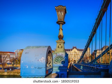 Budapest, Hungary, March 2020, Close Up Of And On The Széchenyi Chain Bridge