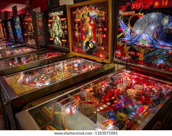 Budapest, Hungary - March 25,\
2018: Pinball museum. Pinball table close up view of vintage\
machine
