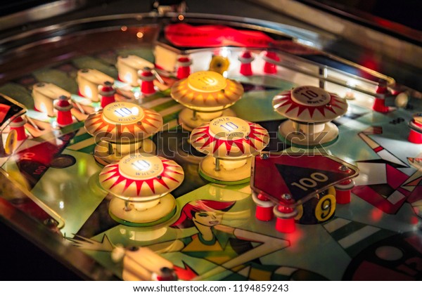 Budapest, Hungary - March 25,\
2018: Pinball museum. Pinball table close up view of vintage\
machine
