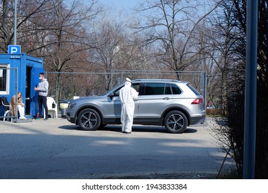 Budapest, Hungary - March 26, 2021: Car Covid Test Station At The Bikas Park