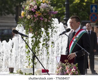 BUDAPEST, HUNGARY - MAY 21: Antal Rogan, vice president of FIDESZ party, major of Budapest's city celebrates the wedding of Tamas Tabori, director of Vodafone on May 21, 2011 in Budapest, Hungary. - Shutterstock ID 77658457