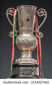 Budapest, Hungary – May 9, 2022. Hungarian Football Cup (Magyar Kupa) Trophy Displayed At The Press Conference Ahead Of Hungarian Cup Final (2021-22) Ferencvaros Vs Paks In Budapest.