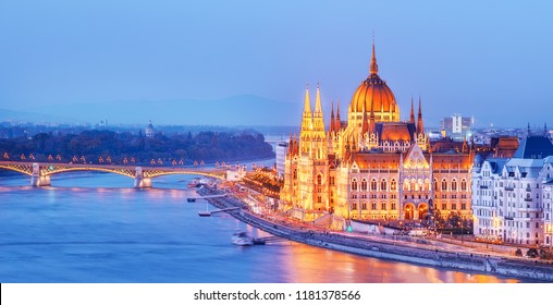 Budapest, Hungary. Night view on Parliament building over delta of Danube river. - Shutterstock ID 1181378566