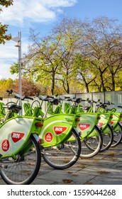 Budapest, Hungary - Nov 6, 2019: Public Green Bikes For Rental In The Center Of The Hungarian City. Bike-sharing. Ecological Mean Of Transport. Measure In The Cities Against Air Pollution. Bicycle.