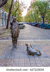 BUDAPEST, HUNGARY - NOVEMBER 20, 2016: The Statue Of The Lieutenant Columbo (American Actor Peter Falk) And His Dog On Miksa Falk Street.