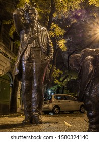 Budapest, Hungary, November 20th 2019 - The Statue Of The Lieutenant Columbo (American Actor Peter Falk) And His Dog On Miksa Falk Street.