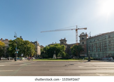 Budapest, Hungary - October 01, 2019: Andrassy Avenue (Hungarian: Andrássy út) Is A Boulevard In Budapest, Hungary, Dating Back To 1872. The Statue Of Vak Bottyanin Park.