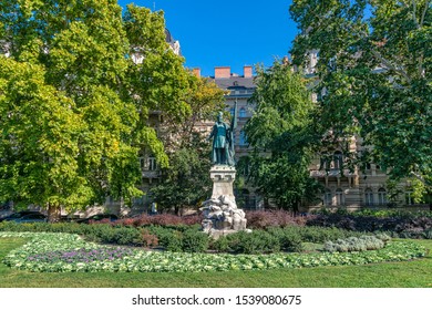 Budapest, Hungary - October 01, 2019: Andrassy Avenue (Hungarian: Andrássy út) Is A Boulevard In Budapest, Hungary, Dating Back To 1872. The Statue Of Zrinyi Miklos In Park.