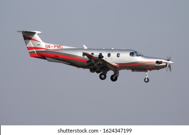 Budapest / Hungary - October 14, 2018: Pilatus PC-12 OK-PMC Passenger Plane Arrival And Landing At Budapest Airport