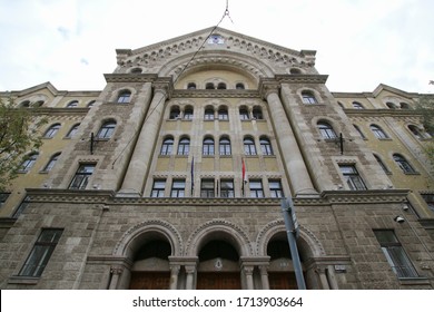 BUDAPEST / HUNGARY - October 25, 2014: Majestic brick facade of the courthouse of the capital court. A monumental building in the central historical district of the city. Laws and justice