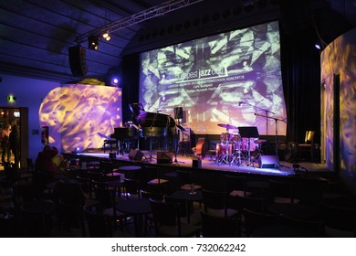 Budapest, Hungary - October 9, 2017: Empty Stage In Budapest Jazz Club (BJC), A Popular Jazz Pub In Center Of Budapest.