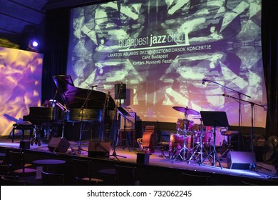 Budapest, Hungary - October 9, 2017: Empty Stage In Budapest Jazz Club (BJC), A Popular Jazz Pub In Center Of Budapest.