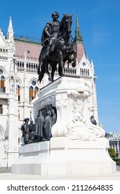 BUDAPEST, HUNGARY - September 05, 2021: Statue of Count Gyula Andrassy in front of the Hungarian Parliament Building in Budapest, Hungary