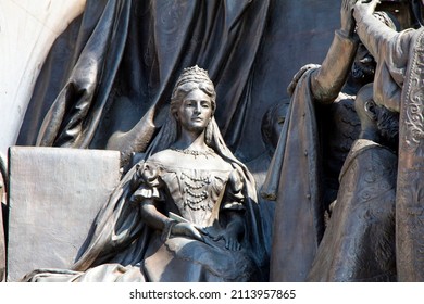 BUDAPEST, HUNGARY - September 05, 2021: Monument representing the coronation of Emperor Franz Joseph and Empress Sisi as King and Queen of Hungary. The base of the statue of Count Gyula Andrassy.