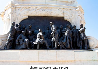 BUDAPEST, HUNGARY - September 05, 2021: Monument at the base of the statue of Count Gyula Andrassy in Budapest, Hungary
