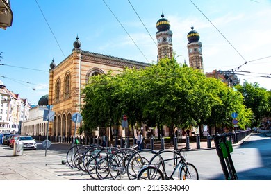 BUDAPEST, HUNGARY - September 06, 2021: The Twin Clock Towers Of The Dohány Street Synagogue In Budapest, Hungary