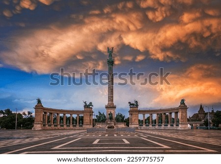 Budapest, Hungary - Unique mammatus clouds over Heroes' Square Millennium Monument at Budapest after a heavy thunderstorm on a summer afternoon sunset