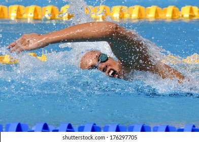 BUDAPEST, HUNGARY-JULY 31, 2006: Swimmer woman competes on a freestyle stroke race during the European Swimming Championship in Budapest.