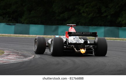 BUDAPEST - JULY 3: Formula Renault Race Car Blowing Fire On The Hungaroring Race Track At World Series By Renault On July 3, 2011 In Budapest, Hungary