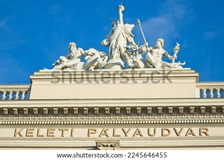 Budapest Keleti (Eastern) station (Hungarian: Keleti pályaudvar) is the main international and inter-city railway terminal in Budapest, Hungary. The Allegorical statue on the top of the facade.