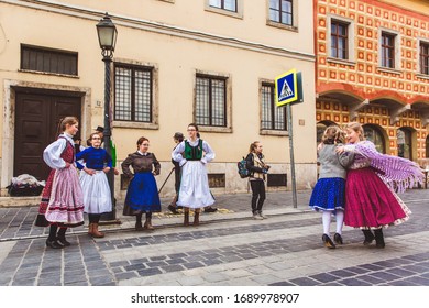 BUDAPEST - MARCH 15, 2019: Hungarian Folk Dance Group Of Children On A Street In The Buda Castle On The Day Of The Hungarian National Revolution On March 15, 2019 In Budapest.