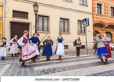 BUDAPEST - MARCH 15, 2019: Hungarian Folk Dance Group Of Children On A Street In The Buda Castle On The Day Of The Hungarian National Revolution On March 15, 2019 In Budapest.