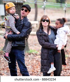 BUDAPEST - NOVEMBER 5: Brad Pitt and Angelina Jolie take their children Pax, Zahara and Shiloh to a park in Budapest, Hungary, on Friday,  November 5, 2010.  Jolie is filming In The Land Of Blood And Honey In Budapest.