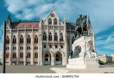 Budapest parliament building from the side with Grof Andrassy statue