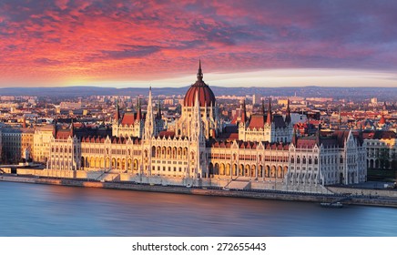 Budapest parliament at dramatic sunrise