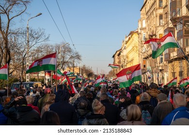 Budapest, Pest  Hungary - 03 13 2022: Political Opposition Movement, Marching For Change Of Regime