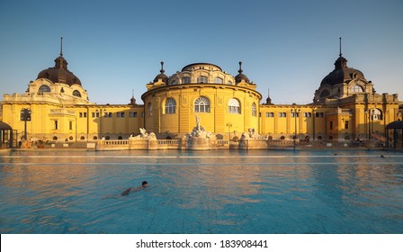 Budapest Spa Szechenyi Bath People Swimming At Sunset