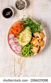 Buddha Bowl Asian Salad With Tofu Cheese. Healthy Vegan Food, Clean Eating, Dieting.