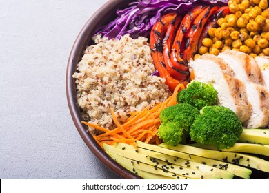 Buddha Bowl With Avocado , Chicken , Pepper , Quinoa And Chickpea . Healthy Food