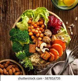 Buddha bowl, healthy and balanced vegan meal, top view