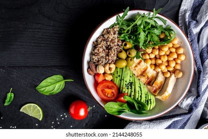 Buddha Bowl With Kale Salad, Quinoa, Chicken Fillet, Chickpeas, Avocado, Spinach, Tomatoes Cherries, Nuts Arugula, Clean Eating Dieting Food Concept. Long Banner Format. Top View.