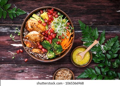 Buddha Bowl with Quinoa, Avocado, Roasted Chicken, Broccoli, Carrots and Turmeric Sauce
